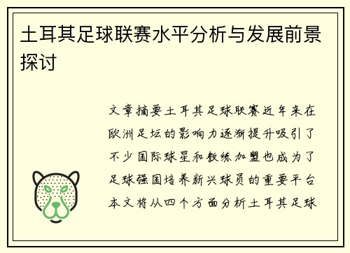 土耳其足球联赛水平分析与发展前景探讨