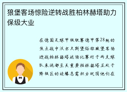 狼堡客场惊险逆转战胜柏林赫塔助力保级大业