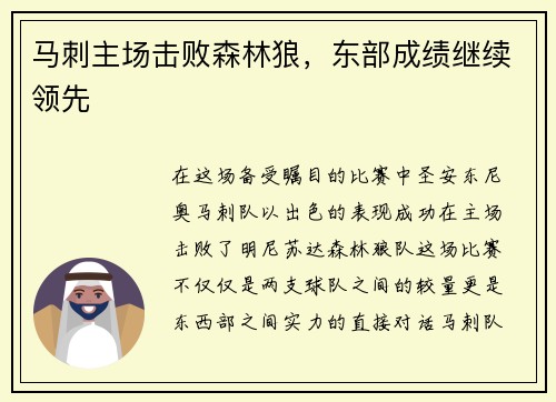 马刺主场击败森林狼，东部成绩继续领先