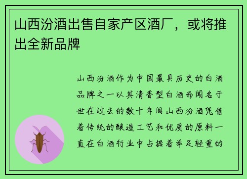 山西汾酒出售自家产区酒厂，或将推出全新品牌