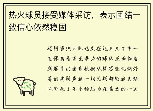 热火球员接受媒体采访，表示团结一致信心依然稳固