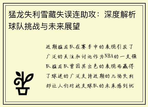 猛龙失利雪藏失误连助攻：深度解析球队挑战与未来展望